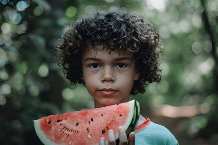 A young boy with curly hair and freckles stands in a lush forest, holding a large slice of juicy watermelon, his expression calm and thoughtful.の素材