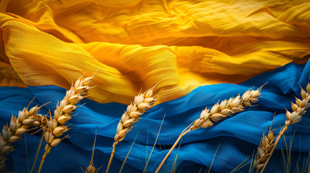 Golden wheat stalks placed against flowing blue and yellow fabric, representing the colors of the Ukrainian flag and the nation's agricultural heritage, Independence Day.の素材