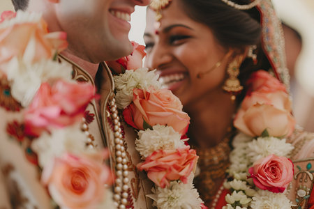 Close-up of a smiling couple during a traditional Indian wedding, adorned with beautiful rose and jasmine garlands, symbolizing love and unity.の素材