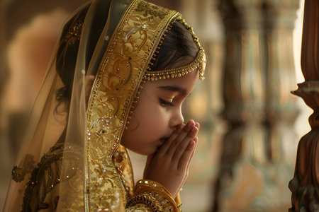 A young Indian girl dressed in intricate golden traditional clothing, praying with folded hands, expressing deep devotion and spirituality.の素材