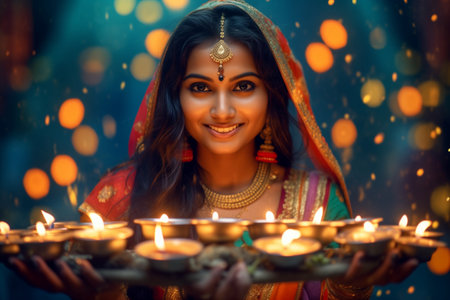 A smiling Indian woman dressed in traditional attire holds a tray of lit diyas, symbolizing the warmth and joy of Diwali festivities.の素材