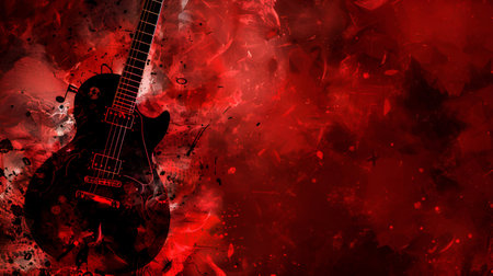 A black electric guitar emerges from a vibrant red background, surrounded by abstract textures, energy bursts, and scattered music notes.の素材