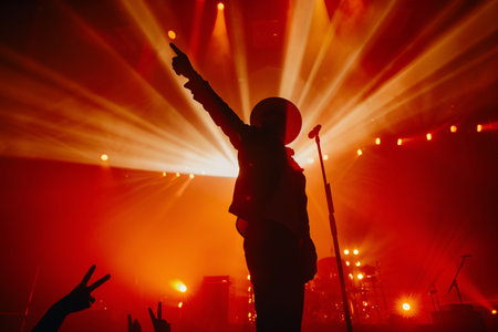 A dynamic silhouette of a performer pointing upward on stage with vibrant lights and audience cheers, International Music Day.の素材
