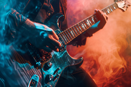 A close-up of a guitarist passionately playing an electric guitar, surrounded by smoke and vibrant lighting, capturing the energy and intensity of a live performance.の素材
