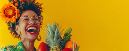 A cheerful woman with a sunflower in her hair, holding fresh fruits and vegetables, radiates happiness against a vibrant yellow background, World Vegetarian Day.の素材
