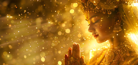 A peaceful depiction of Goddess Durga in a prayerful pose, surrounded by golden light, symbolizing divine energy and grace during the Navratri festival.の素材