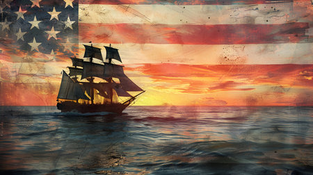 A historic ship sails across the ocean at sunset with an American flag backdrop, symbolizing Columbus Day, exploration, and the spirit of discovery.の素材