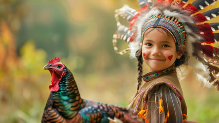 A cheerful young girl in a vibrant feathered headdress, with heart-shaped face paint, poses next to a turkey, celebrating Thanksgiving in a beautiful outdoor setting.の素材