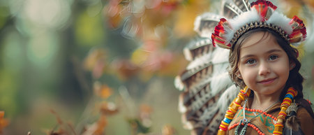 A young girl wearing a colorful feathered headdress and traditional Native-inspired attire smiles warmly, surrounded by the soft hues of fall in the background.の素材