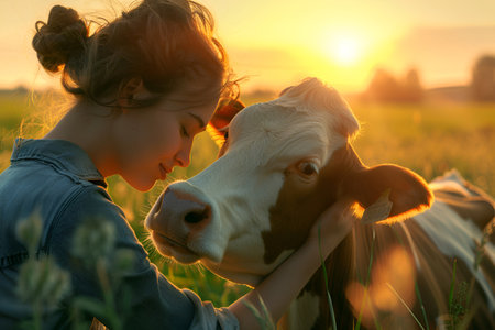 A young woman gently embraces a cow in a serene sunlit field, capturing a heartfelt moment during sunset. The warm light enhances the peaceful atmosphere, International Day of Rural Women.の素材