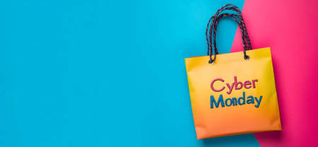 Yellow shopping bag with "Cyber Monday" text, set against a dynamic pink and blue background, representing online shopping deals.の素材