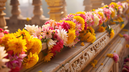 Bright floral garlands decorating the colorful walls of an Indian temple, creating a lively and sacred ambiance.の素材