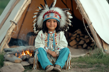 A young Native American child with a feathered headdress sits by a warm campfire, wearing traditional attire near a teepee, connecting with cultural heritage in a serene setting.の素材