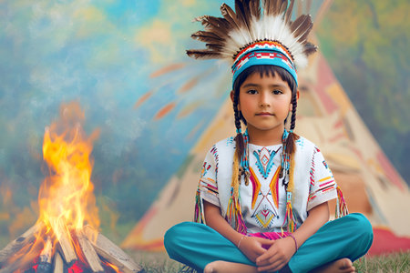 A young Native American child with a feathered headdress sits calmly by a campfire, dressed in traditional attire, with a teepee in the background, embracing cultural roots. Heritage Monthの素材
