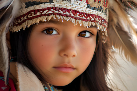 A close-up of a Native American child wearing a beautifully crafted beaded headdress, with deep, expressive eyes and soft features, Heritage Month.の素材