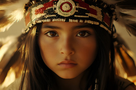 A close-up of a Native American child wearing a detailed feathered headdress, gazing intently with soulful eyes, capturing innocence and strength. Heritage Monthの素材