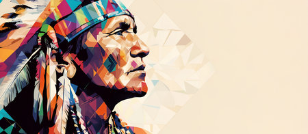 A modern geometric illustration of a Native American man in profile, with a traditional headdress, set against a light background. Rich, vibrant colors celebrate cultural heritage and strength.の素材