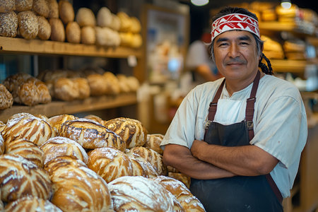 A Native American baker wearing a traditional headband, standing proudly with freshly baked bread in a cozy, rustic bakery setting. Shelves filled with various artisanal loaves in the background.の素材