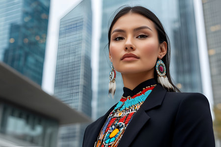 A proud Native American business woman in vibrant beadwork and feathers stands confidently against towering city buildings, embodying cultural heritage and modern strength.の素材