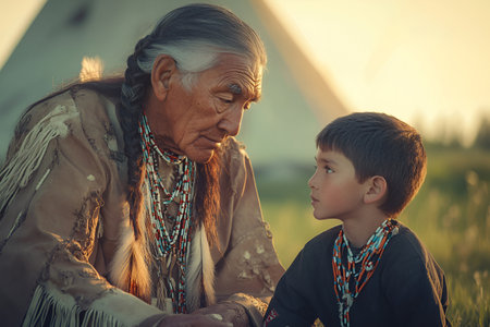 A heartfelt moment between a Native American elder and a young boy, dressed in traditional attire, as they engage in a meaningful conversation under the soft evening light.の素材