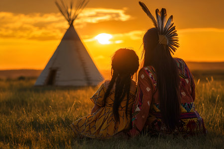 Native American mother and daughter sit together, watching the sunset near a tipi on a peaceful prairie.の素材