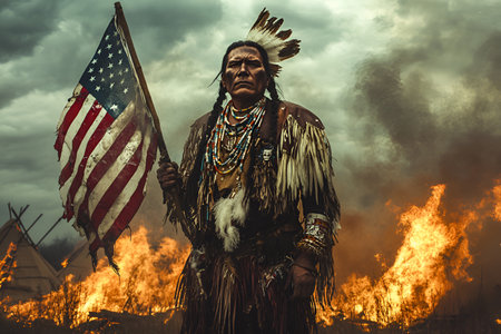 A determined Native American man in traditional attire holds a worn US flag, surrounded by flames and dark clouds, embodying resilience, heritage, and unwavering strength.の素材