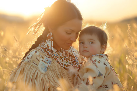A Native American mother lovingly holds her child in a field, bathed in the soft glow of sunset.の素材