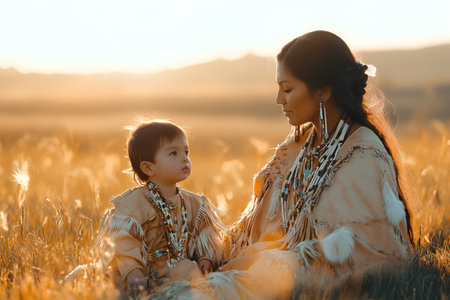 A Native American mother and her child in traditional attire share a quiet moment in a golden field at sunset.の素材