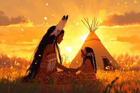 A Native American mother and daughter share a tender moment at sunset beside their tipi, bathed in warm golden light. Heritage Monthの素材