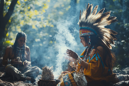 Native American woman in ceremonial attire conducting a smoke ritual with sage in a forest, surrounded by sunlight filtering through the trees.の素材