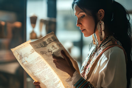 A Native American woman studies an old document, surrounded by artifacts, connecting with history and heritage.の素材