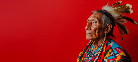 A dignified Native American elder gazes thoughtfully, wearing traditional attire and a feather headdress against a bold red background, honoring Heritage Month.の素材
