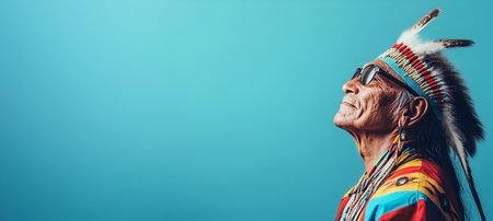 A Native American elder wearing a traditional headdress and sunglasses looks confidently upward, set against a striking blue background, celebrating heritage and resilience.の素材