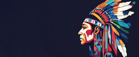 An artistic portrayal of a Native American man, showcasing a colorful feather headdress and intricate facial paint, symbolizing cultural pride against a dark background. Heritage Monthの素材