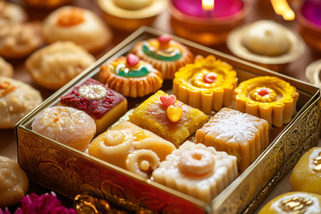 A collection of colorful and traditional Indian sweets arranged in a box, surrounded by Diwali lamps and decorations.の素材