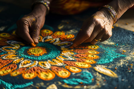 Close-up of an elderly hand carefully creating a colorful rangoli design using vibrant powders.の素材