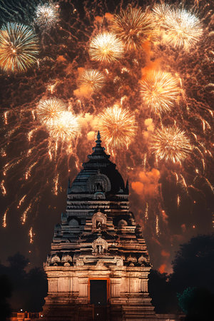 A magnificent display of fireworks lights up the night sky above an intricately carved temple, marking the joy and spirit of Diwali.の素材