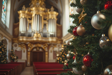A beautifully decorated Christmas tree with red and gold ornaments stands near an ornate church organ.の素材
