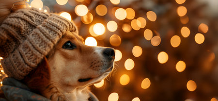 A close-up of a dog wearing a warm knit hat, surrounded by glowing golden bokeh lights in a festive ambiance, Christmas.の素材