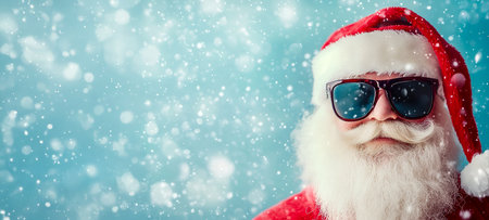 Close-up of Santa Claus wearing stylish sunglasses and his classic red hat, with snowflakes falling gently around, adding a cool twist to the holiday spirit, Christmas.の素材