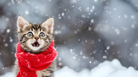 A cute tabby kitten wearing a cozy red scarf, meowing amidst softly falling snowflakes in a winter wonderland, Christmas.の素材