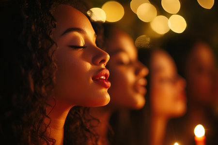 A serene close-up of women singing in harmony, illuminated by candlelight, at a festive Christmas church choir event.の素材