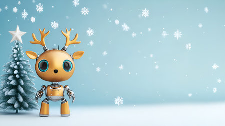 A cute golden robot reindeer with antlers stands beside a snow-covered Christmas tree under falling snowflakes.の素材