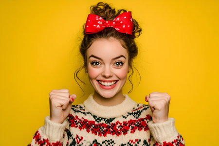 Cheerful woman in a Christmas sweater and bright red bow smiling with joy on a yellow background, embracing the festive spirit.の素材