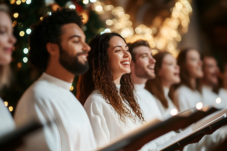 A diverse group of church choir members in white robes singing carols with smiles and holiday spirit, surrounded by festive lights and Christmas decorations.の素材