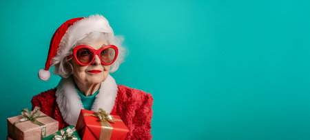 Elegant elderly woman wearing a Santa hat and bold red sunglasses, holding wrapped gifts with a playful expression against a turquoise background. Perfect holiday spirit!の素材