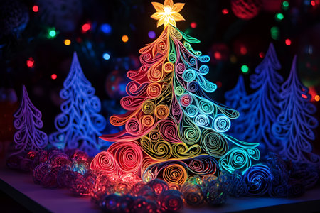 A colorful Christmas tree made with the intricate quilling technique, glowing warmly with festive lights.の素材