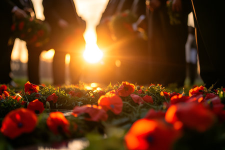 A solemn Veterans Day ceremony featuring wreaths of red poppies under the warm glow of sunset, honoring fallen heroes.の素材