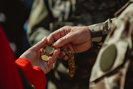 Close-up of a military officer in uniform receiving a medal from a civilian during an appreciation ceremony, Veterans, Memorial or Independence Day.の素材
