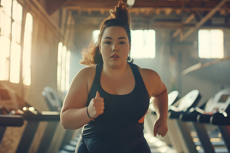 A plus-size young woman jogging on a treadmill in the gym, emphasizing weight loss and fitness.の素材